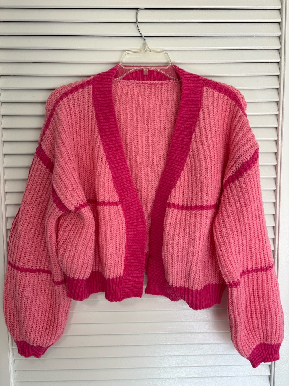Pink Colorblock Chunky Knit Cropped Cardigan Sweater Size L Coquette Balletcore - Picture 3 of 11